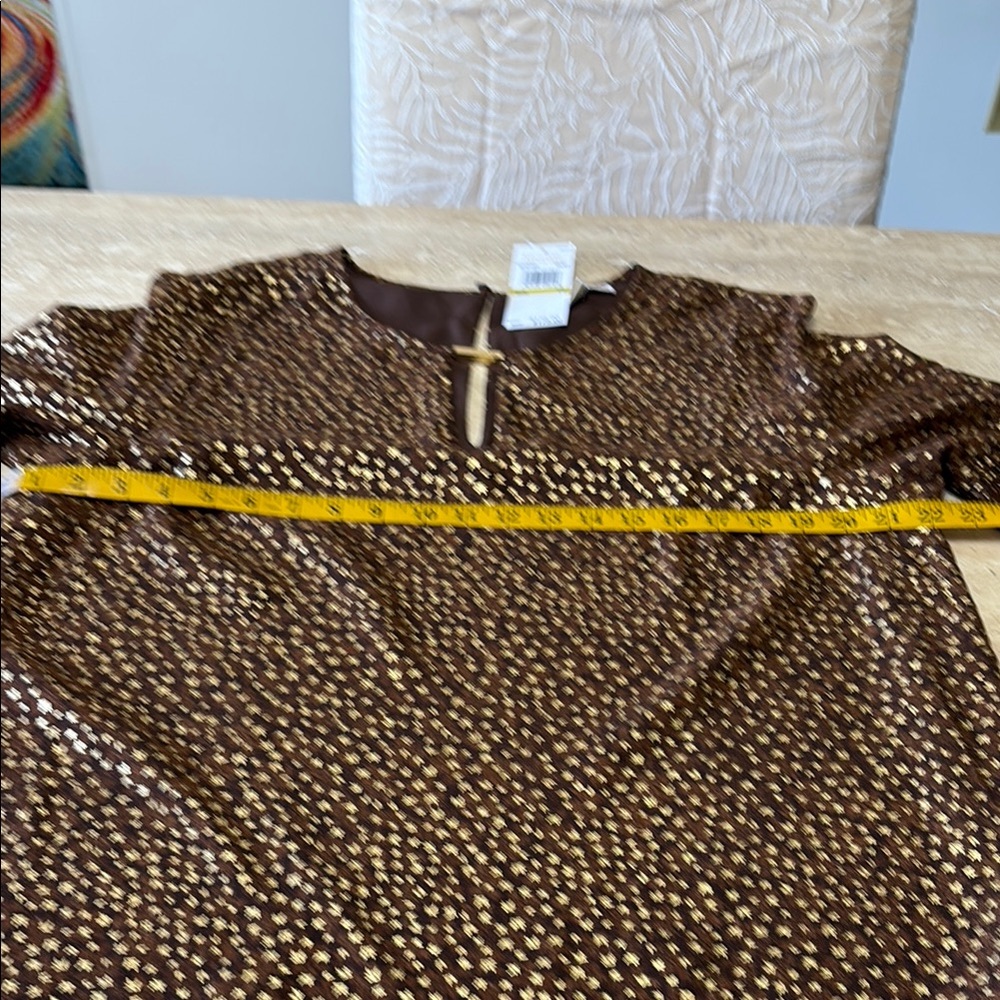 NWT Brown w/ Gold leaves 🍂 imprinted in fabric mini dress. - Picture 10 of 13